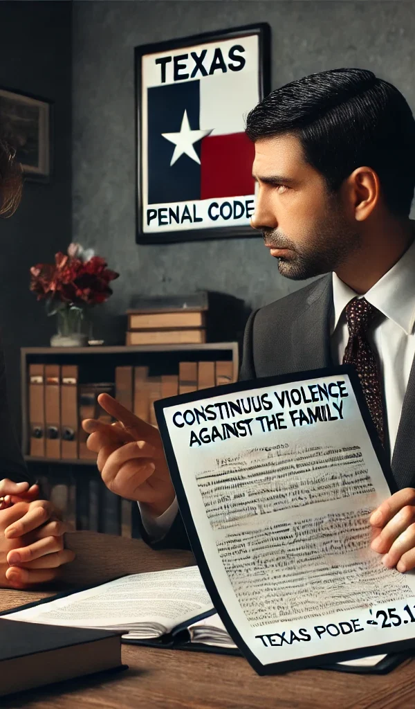 Criminal defense lawyer near you explaining continuous family violence charges to a client in Texas