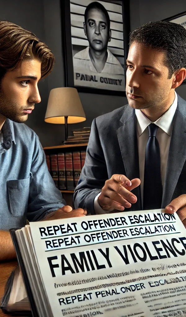 Criminal defense lawyer near you discussing repeat assault charges involving family violence in Galveston County
