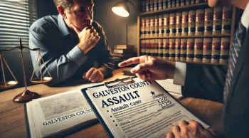 Criminal defense lawyer near you discussing assault charges in Galveston County court with a client