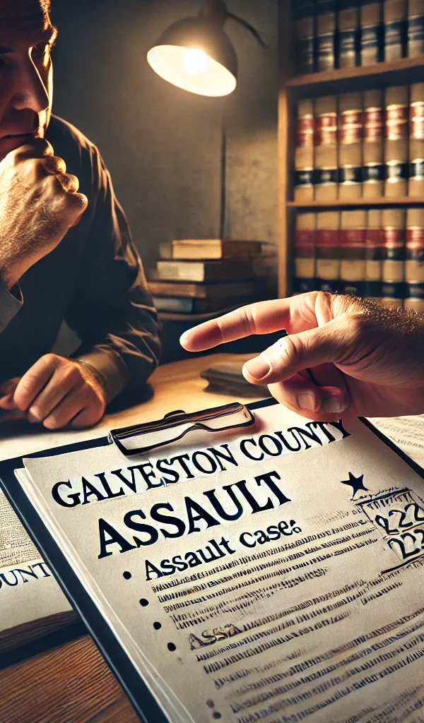 Criminal defense lawyer near you discussing assault charges in Galveston County court with a client