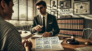 Criminal defense attorney near you explaining Class C vs. Class A simple assault charges to a client in Texas