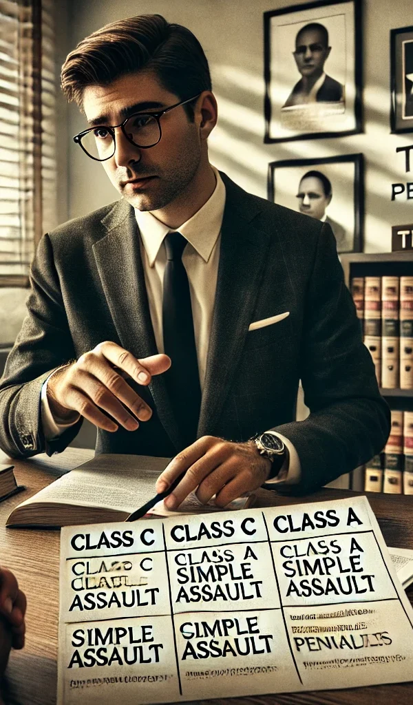 Criminal defense attorney near you explaining Class C vs. Class A simple assault charges to a client in Texas