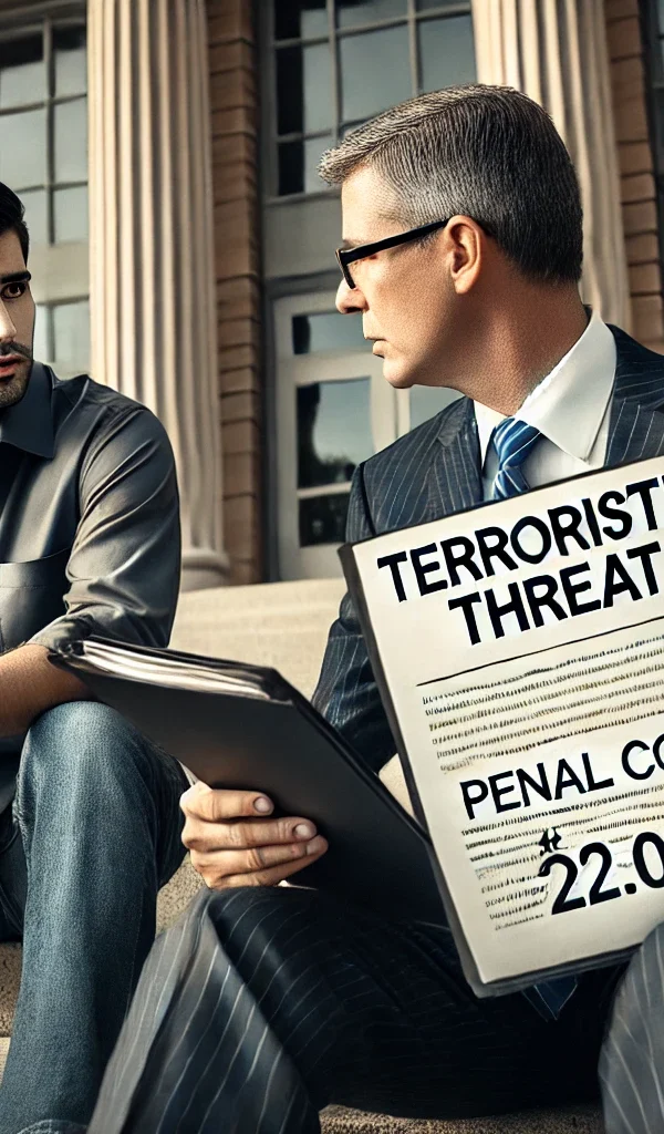 Criminal defense attorney near you explaining terroristic threat assault charges in Texas to a client