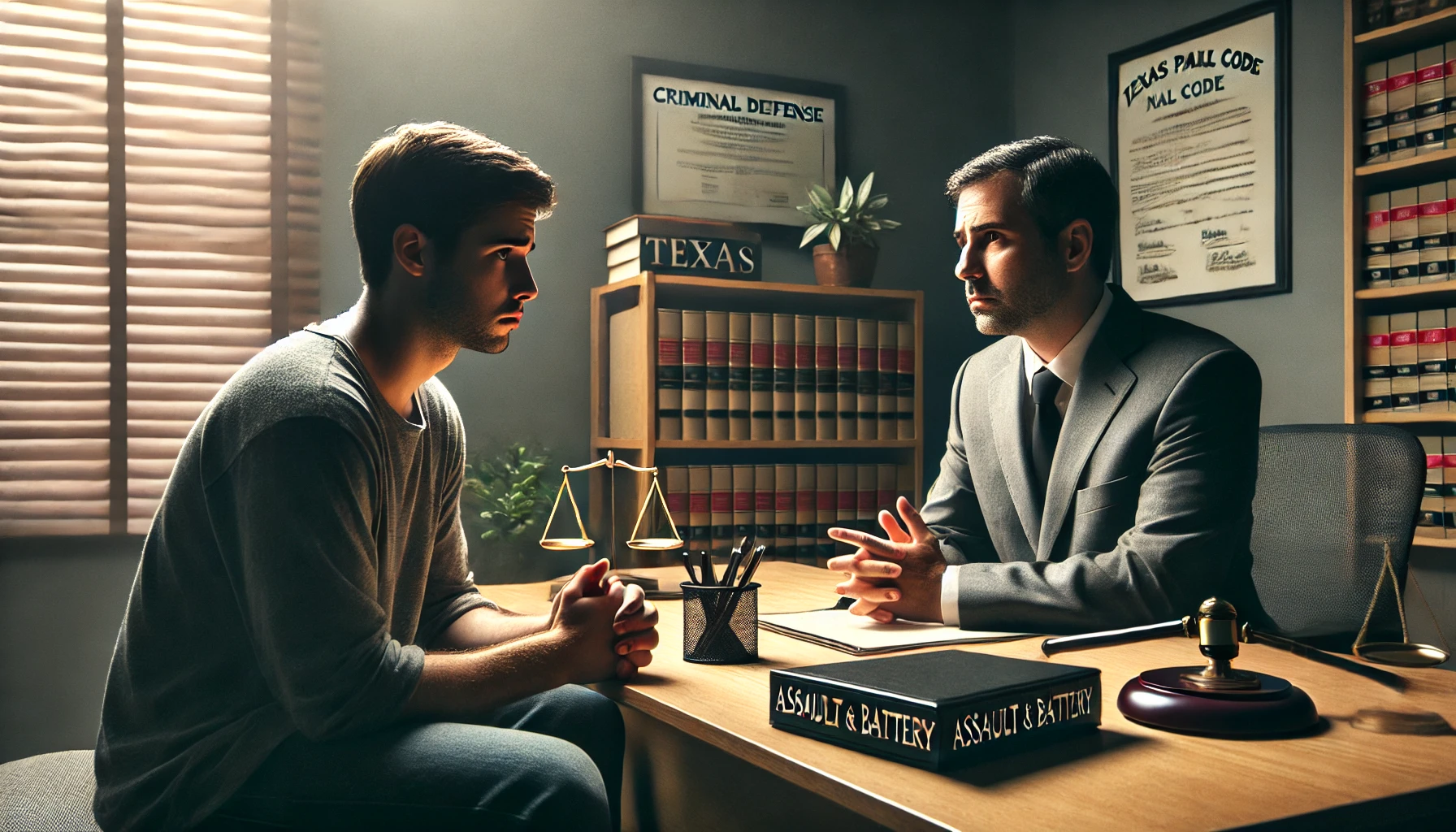 Man consulting with a lawyer in a law office, discussing Texas assault and battery laws, legal books on the table, scales of justice, serious expressions.