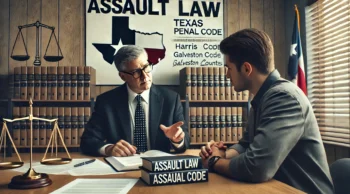 Criminal defense attorney near you discussing assault law in Texas with a client in a courtroom setting