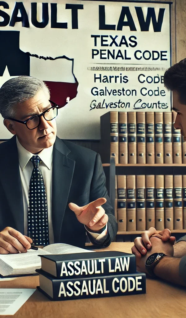 Criminal defense attorney near you discussing assault law in Texas with a client in a courtroom setting