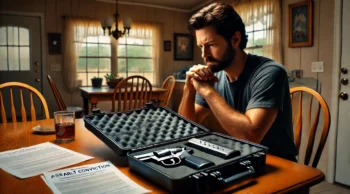 A man in his Texas home looking thoughtfully at a locked gun case with legal documents nearby, symbolizing the loss of firearm rights after an assault conviction and the importance of speaking with a lawyer near you.