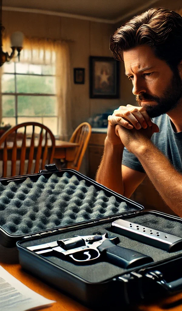 A man in his Texas home looking thoughtfully at a locked gun case with legal documents nearby, symbolizing the loss of firearm rights after an assault conviction and the importance of speaking with a lawyer near you.