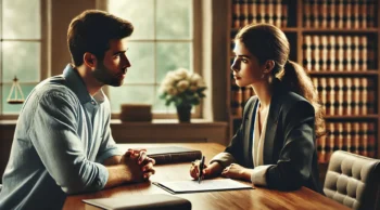A man and a woman in a professional office setting reviewing documents at a desk, symbolizing a legal consultation about assault penalties and options in Texas with a lawyer near you.