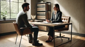 A man and a woman engaged in a serious legal consultation in a professional office setting, symbolizing probation options for assault charges with a lawyer near you in Galveston County.