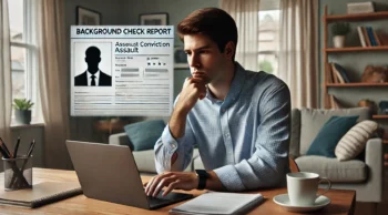A man reviewing a background check on his laptop at home, showing concern about how an assault conviction might impact his employment or housing opportunities—representing the need to speak with a lawyer near you.