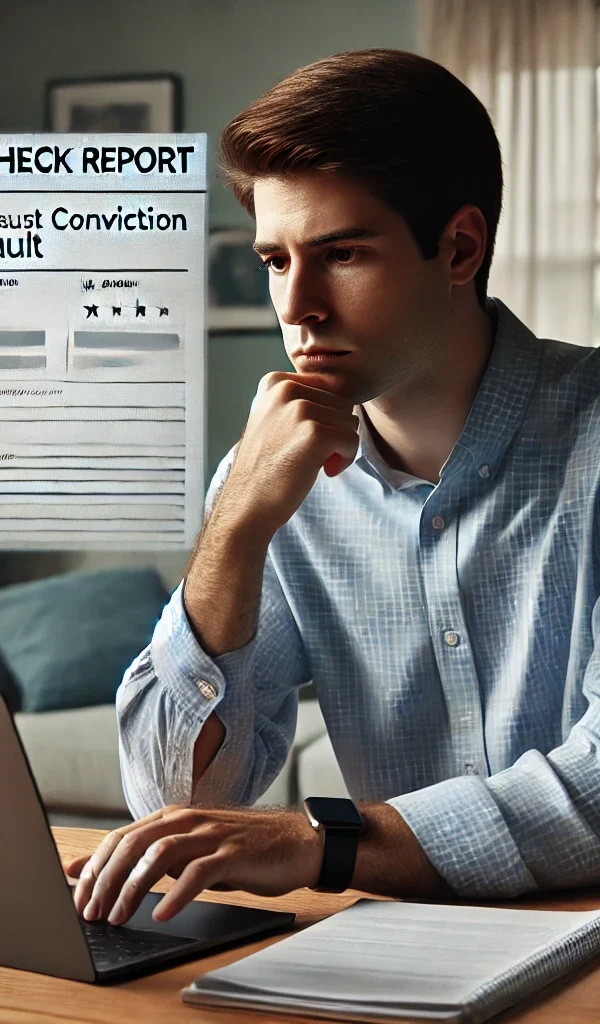A man reviewing a background check on his laptop at home, showing concern about how an assault conviction might impact his employment or housing opportunities—representing the need to speak with a lawyer near you.