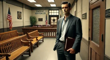 A middle-aged man standing in a courthouse hallway holding legal papers, symbolizing the serious consequences of enhanced sentencing for repeat assault charges in Texas and the importance of hiring a lawyer near you.