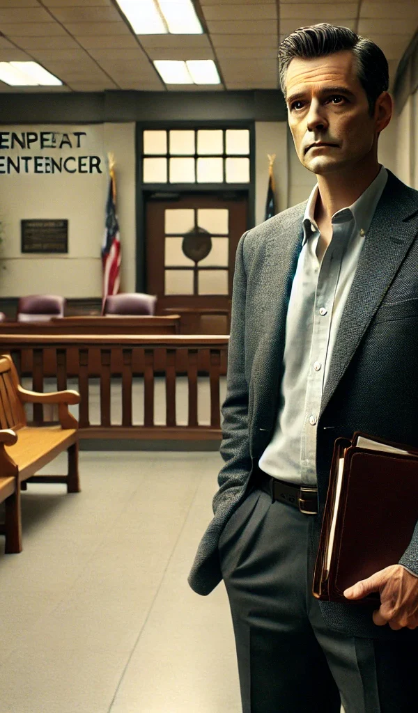 A middle-aged man standing in a courthouse hallway holding legal papers, symbolizing the serious consequences of enhanced sentencing for repeat assault charges in Texas and the importance of hiring a lawyer near you.