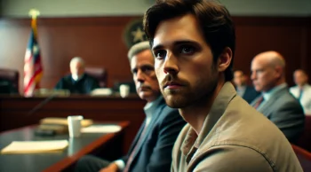 A man sitting beside his defense lawyer in a Texas courtroom, facing felony assault charges, symbolizing second- and third-degree sentencing guidelines and the need for a lawyer near you.