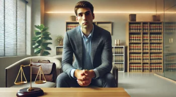 A young man sitting anxiously in a modern law office waiting area, symbolizing concern about whether a first-time assault charge in Texas could lead to jail—emphasizing the importance of speaking with a lawyer near you.