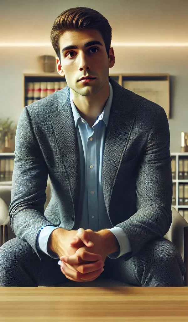 A young man sitting anxiously in a modern law office waiting area, symbolizing concern about whether a first-time assault charge in Texas could lead to jail—emphasizing the importance of speaking with a lawyer near you.