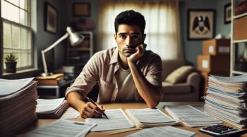 A concerned man sitting at a desk reviewing immigration and legal documents, symbolizing the impact of an assault conviction on non-citizen immigration status in Texas and the importance of hiring a lawyer near you.