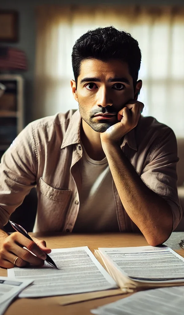 A concerned man sitting at a desk reviewing immigration and legal documents, symbolizing the impact of an assault conviction on non-citizen immigration status in Texas and the importance of hiring a lawyer near you.