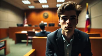 Close-up of a man in a Harris County courtroom facing misdemeanor assault charges, showing tension and anxiety—related to Class A and Class C differences and seeking a lawyer near you.