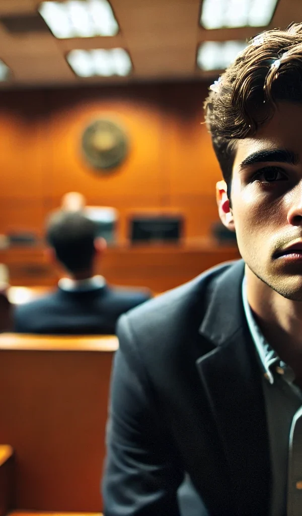 Close-up of a man in a Harris County courtroom facing misdemeanor assault charges, showing tension and anxiety—related to Class A and Class C differences and seeking a lawyer near you.