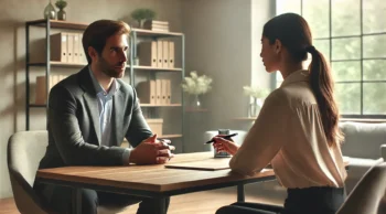 A man and a woman having a focused consultation at a desk in a modern office, symbolizing the difference between probation and parole with a lawyer near you in Texas.