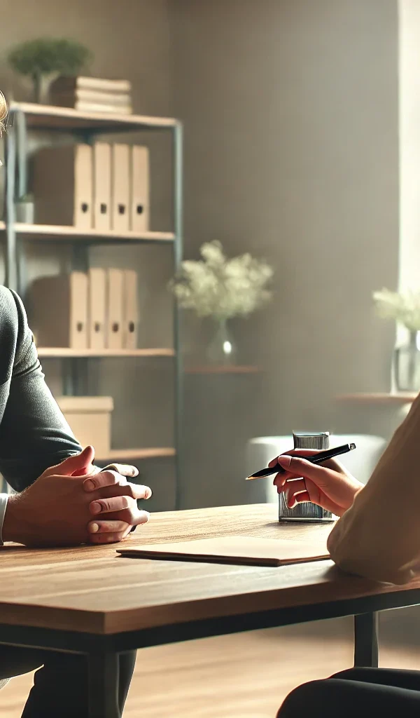 A man and a woman having a focused consultation at a desk in a modern office, symbolizing the difference between probation and parole with a lawyer near you in Texas.