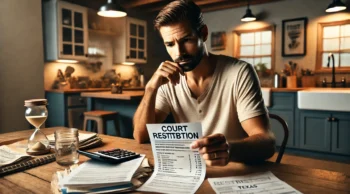 A man at his kitchen table reviewing restitution documents and bills with a calculator, symbolizing the financial burden of court-ordered restitution after an assault conviction in Texas and the importance of a lawyer near you.