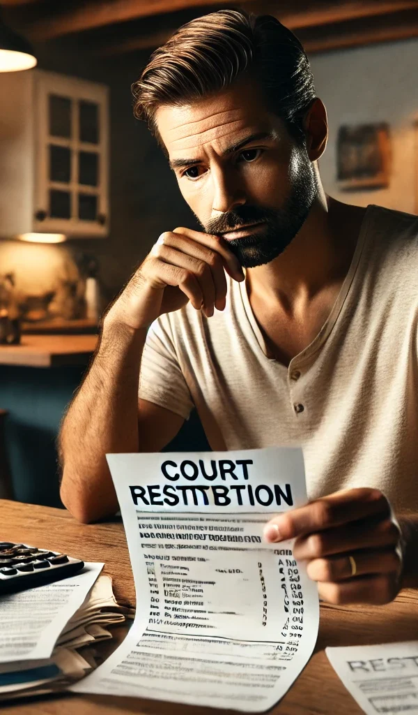 A man at his kitchen table reviewing restitution documents and bills with a calculator, symbolizing the financial burden of court-ordered restitution after an assault conviction in Texas and the importance of a lawyer near you.